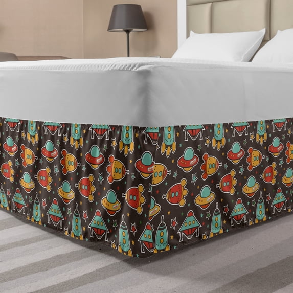 Space Bed Skirt, Outer Space Elements Rockets UFO and Crafts Stars Heavenly Bodies Funny Alien Cartoon, Elastic Bedskirt Dust Ruffle Wrap Around for Bedding Decor, 4 Sizes, Multicolor, by Ambesonne