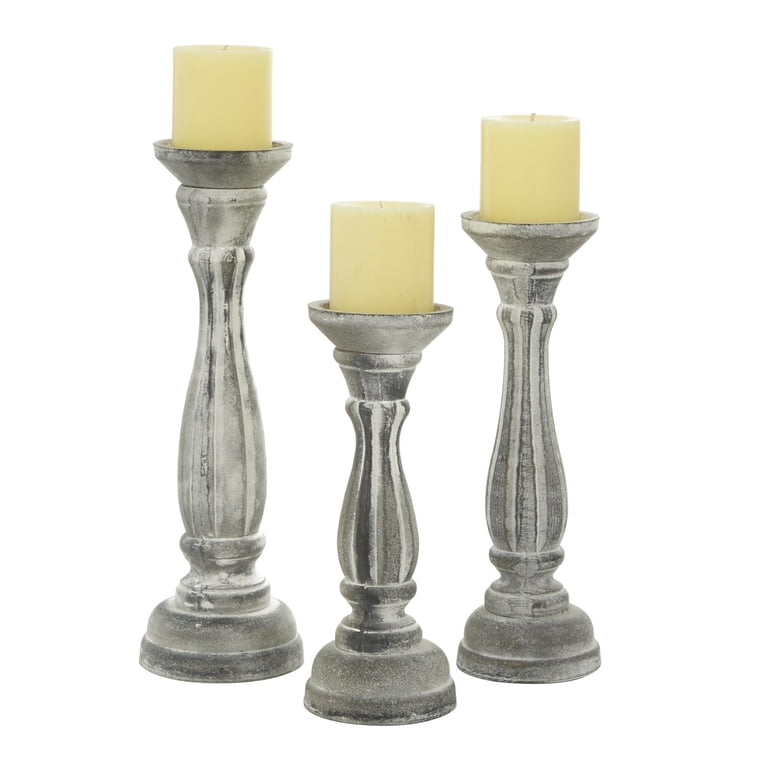 DecMode Gray Wood Pillar Candle Holder Set, 3-Piece photo 1