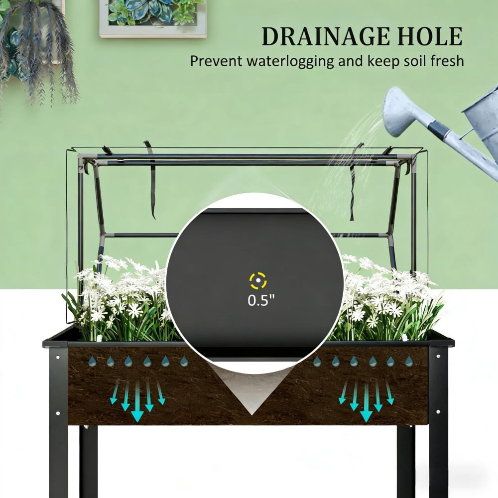 2-in-1 Raised Planter Box with Greenhouse Cover, Elevated Garden Bed with Flip-Up Door, Metal Steel Frame, Drainage Hole, 110 Lbs Capacity for Outdoor Plants Vegetables Herbs