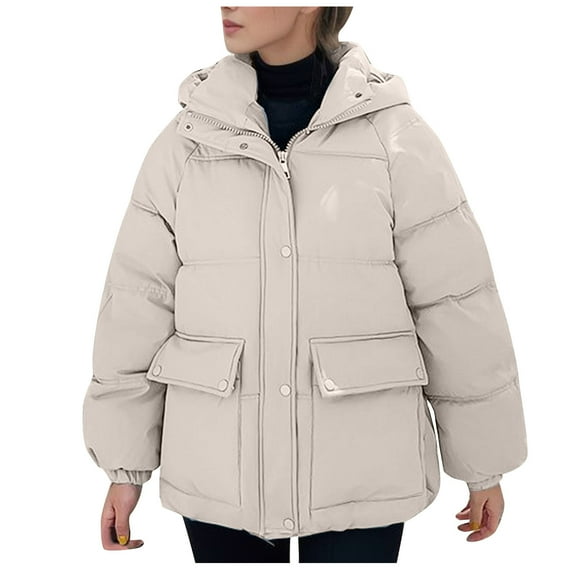 Hueook Winter Warm Down Jackets for women Plus Size Zip Up Casual Winter Mid-length Windproof with Pockets Quilted Puffer Thin Jacket Coat Outwear Tops