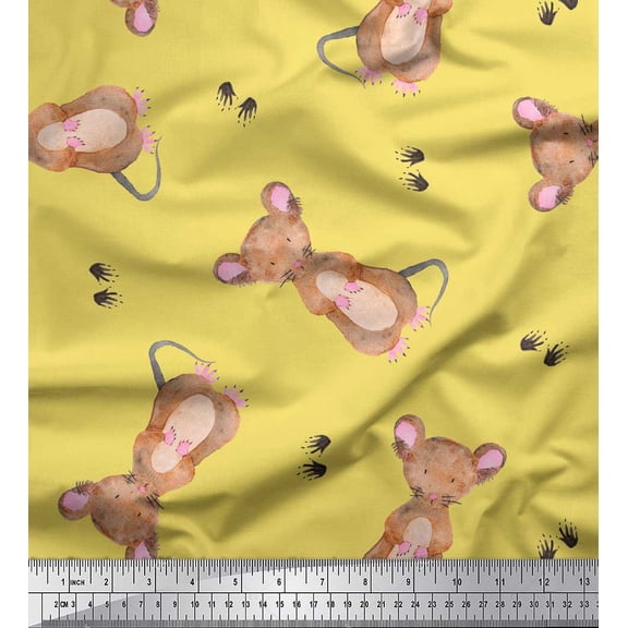 Soimoi Yellow Georgette Viscose Fabric Footprints & Mouse Kids Decor Fabric Printed Yard 44 Inch Wide
