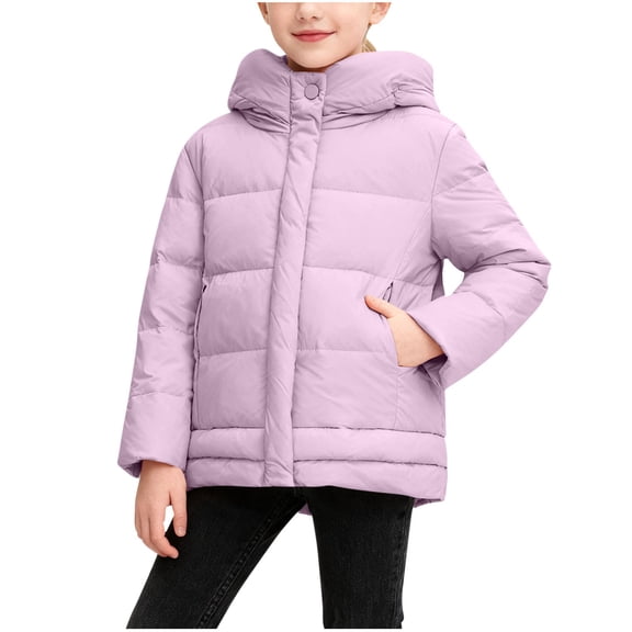 Agkizg Kids Boys Girls Hooded Puffer Coat Thick Long Sleeve Winter Jacket with Pockets Solid Color Warm Casual Outerwear