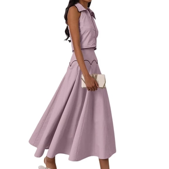 Women 2 Piece Skirt Sets Sleeveless Collared ButtonTop Long Skirt M