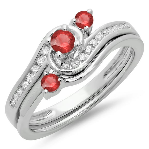 Dazzlingrock Collection 14K Round Ruby & White Diamond Bridal Twisted Swirl Engagement Ring Set, White Gold, Size 5