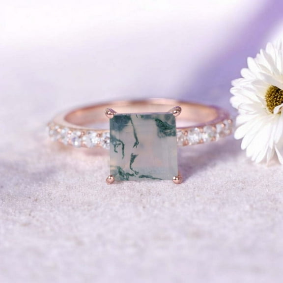 Natural Moss Agate Ring 925 Sterling Silver Ring Diamond Engagement Ring Princess cut Green Gemstone Ring Daily Wear Gift for Mom