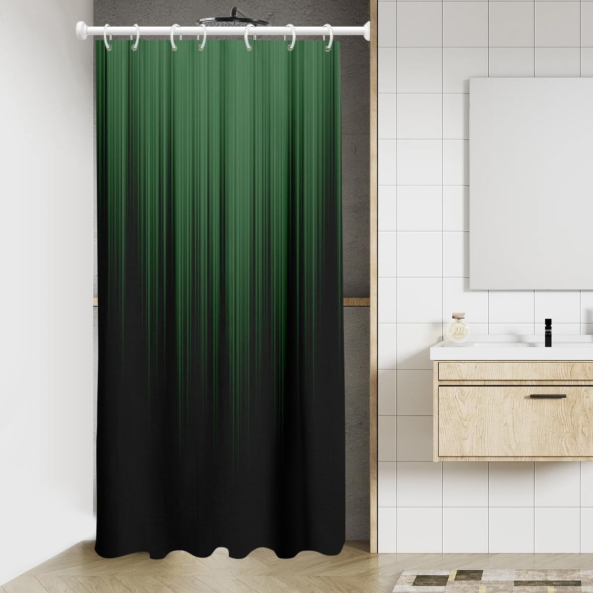 Green Black Shower Curtain Gradient Stall Small Half Narrow Single Walk in Dorm Standing Stand up rv Camper Mini Travel Trailers Home Bathroom Decor Bathtub Set with 7 Hooks, 36x72, Gradient