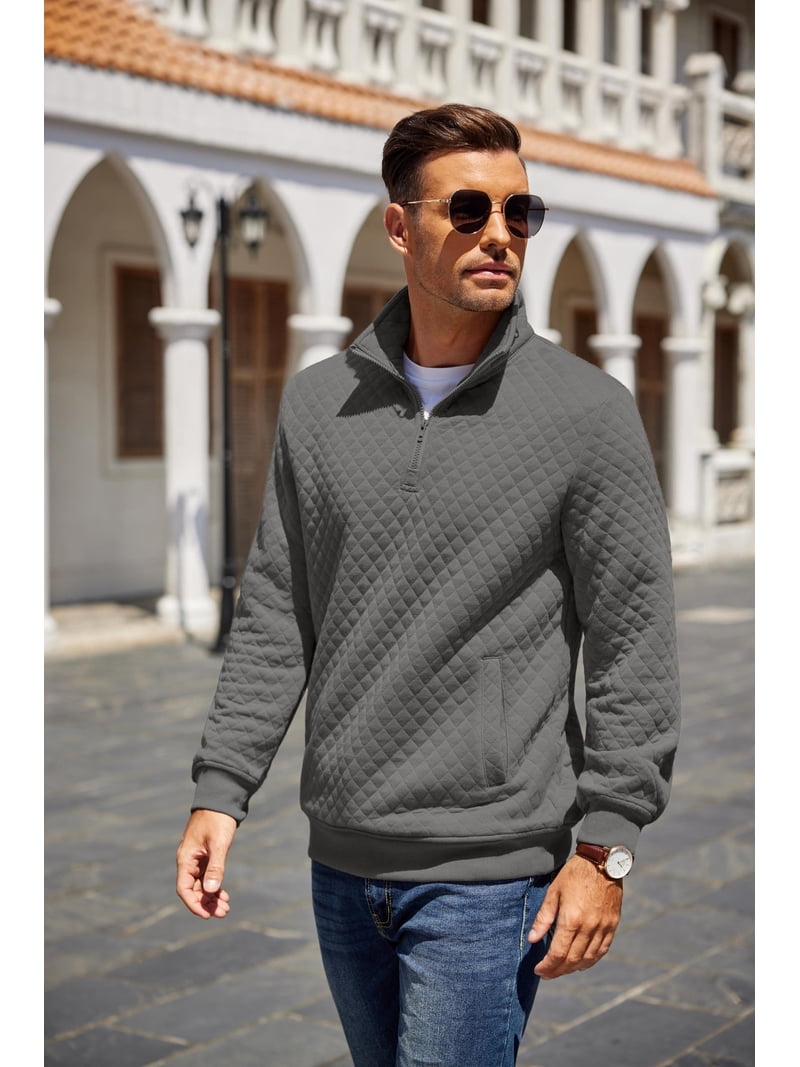 COOFANDY Mens Quarter Zip Pullover Quilted Sweatshirt Knit Long 