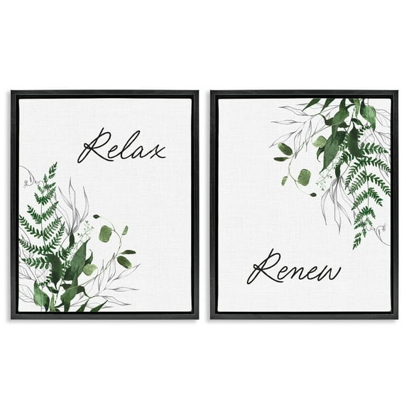 Relax Renew Botanical Leaves 2 Piece Black Framed Floater Canvas Set, design by Lettered and Lined