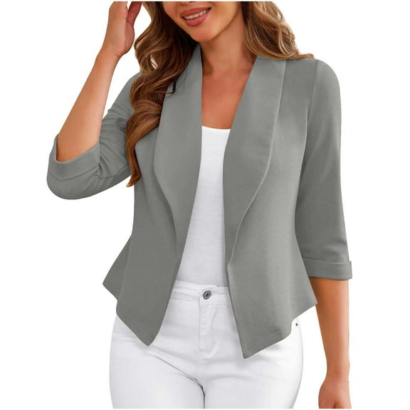 XFLWAM Womens Blazer Three Quarter Sleeve Open Front Lightweight Cardigan Jacket Business Casual Office Blazers Gray L