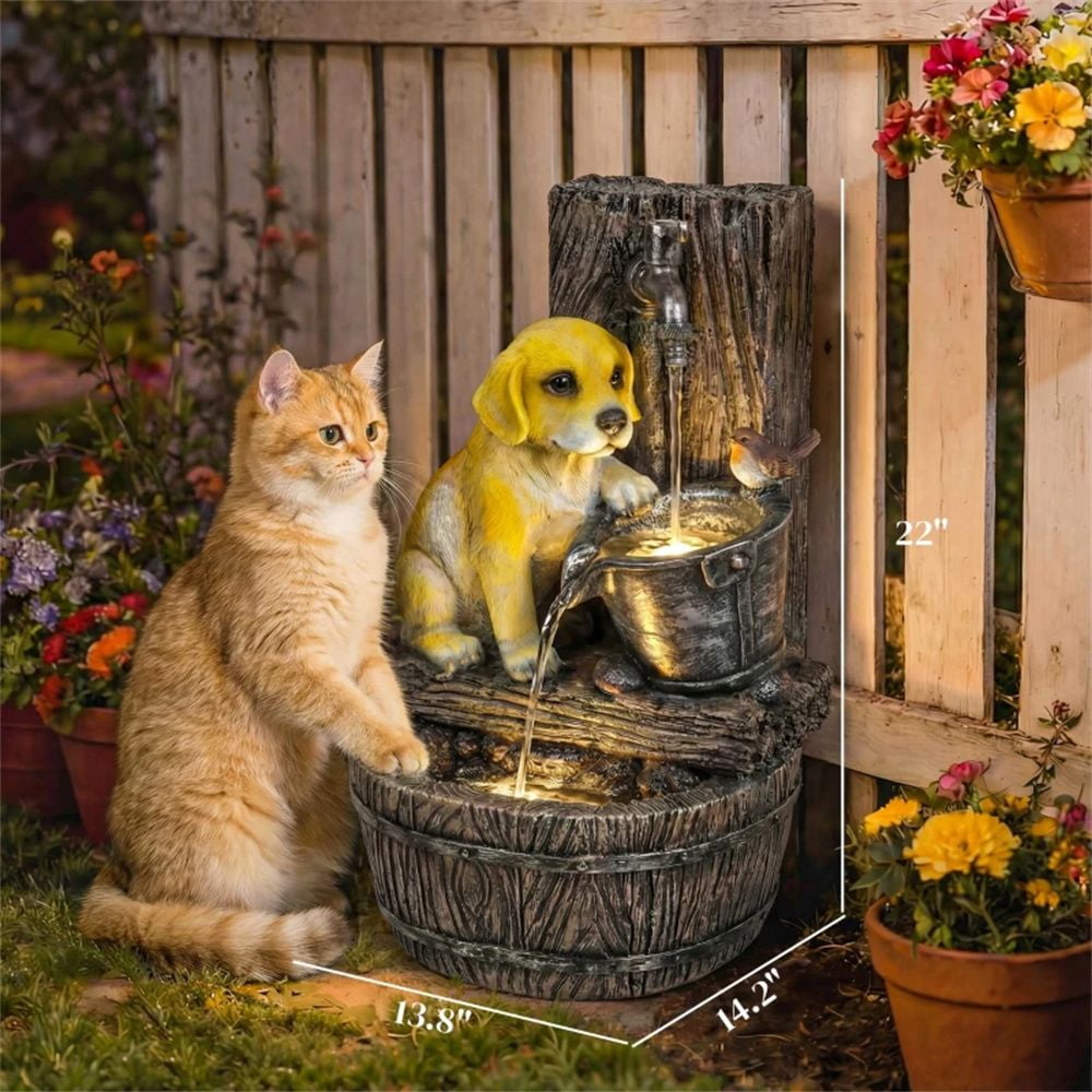 Outdoor 3-Tier Water Fountain with Puppy Bird Figurine Warm LED Lights 3-Speed Pump Rustic Brown for Garden Patio Yard
