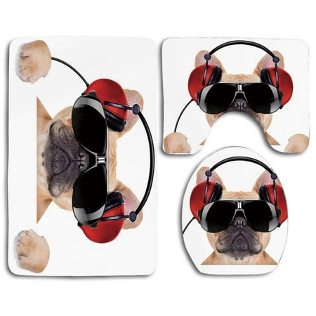 GOHAO Popstar Party Dj Bulldog Headphones Listening to Music Behind White Banner 3 Piece Bathroom Rugs Set Bath Rug Contour Mat and Toilet Lid