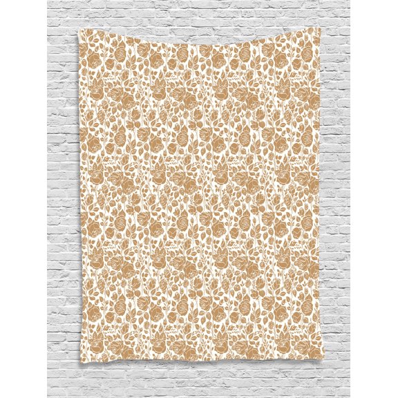 Brown and White Tapestry, Garden Full of Roses Romantic Feminine Arrangement Love Flowers, Wall Hanging for Bedroom Living Room Dorm Decor, 60W X 80L Inches, Pale Brown and White, by Ambesonne