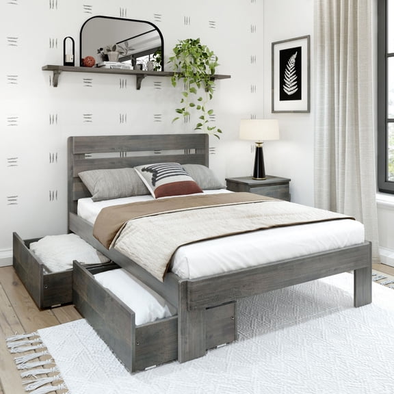 Plank Beam Solid Wood Farmhouse Full Bed with Plank Headboard and Storage Drawers, Driftwood