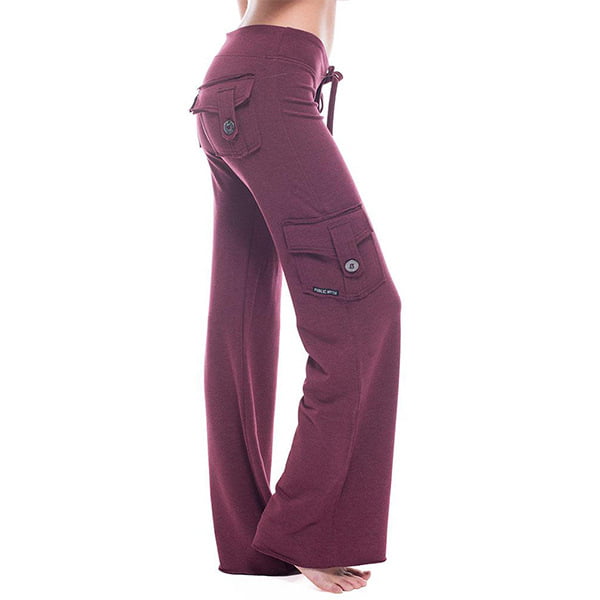 Side - Women's Stretch Waist Button Drawstring Yoga Pants Wide Leg ...