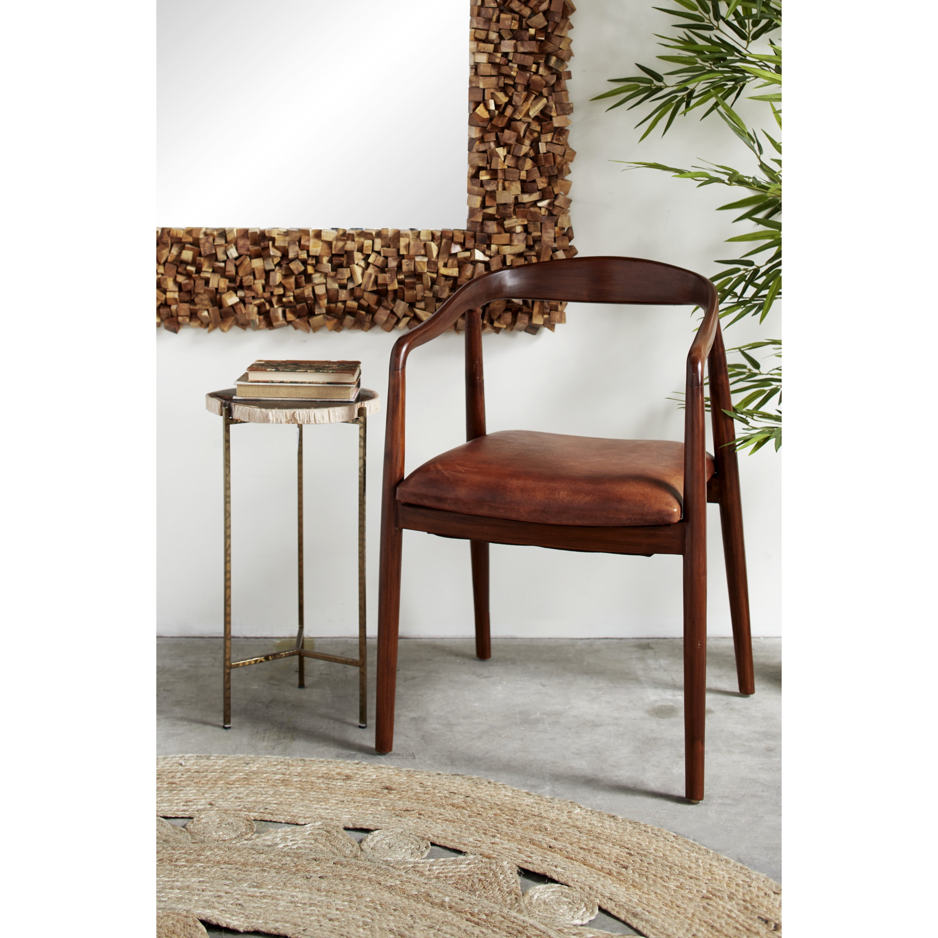 DecMode Teak Wood Dining Chair with Leather Seat, Brown