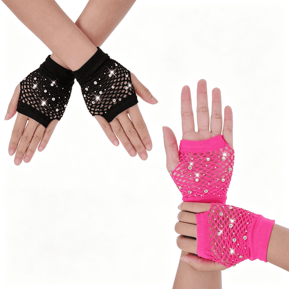 XIBUFE 2Pair Rhinestone Fishnet Gloves, Fingerless Neon Short Mesh Gloves Sparkling Rhinestone fingerless gloves