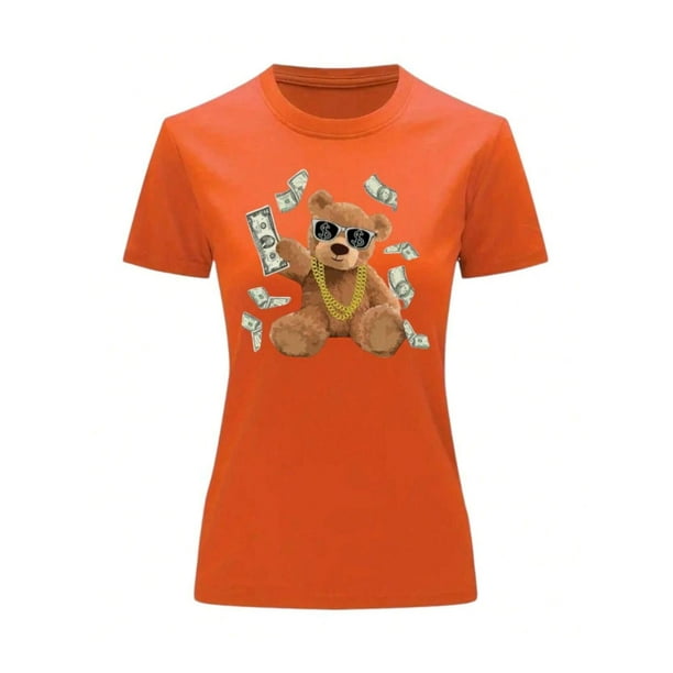 Playera Blusa de Oso Millonario con Dólares Dinero Ropa De Mujer Color Anaranjado Talla Grande Marca Emil SaEs