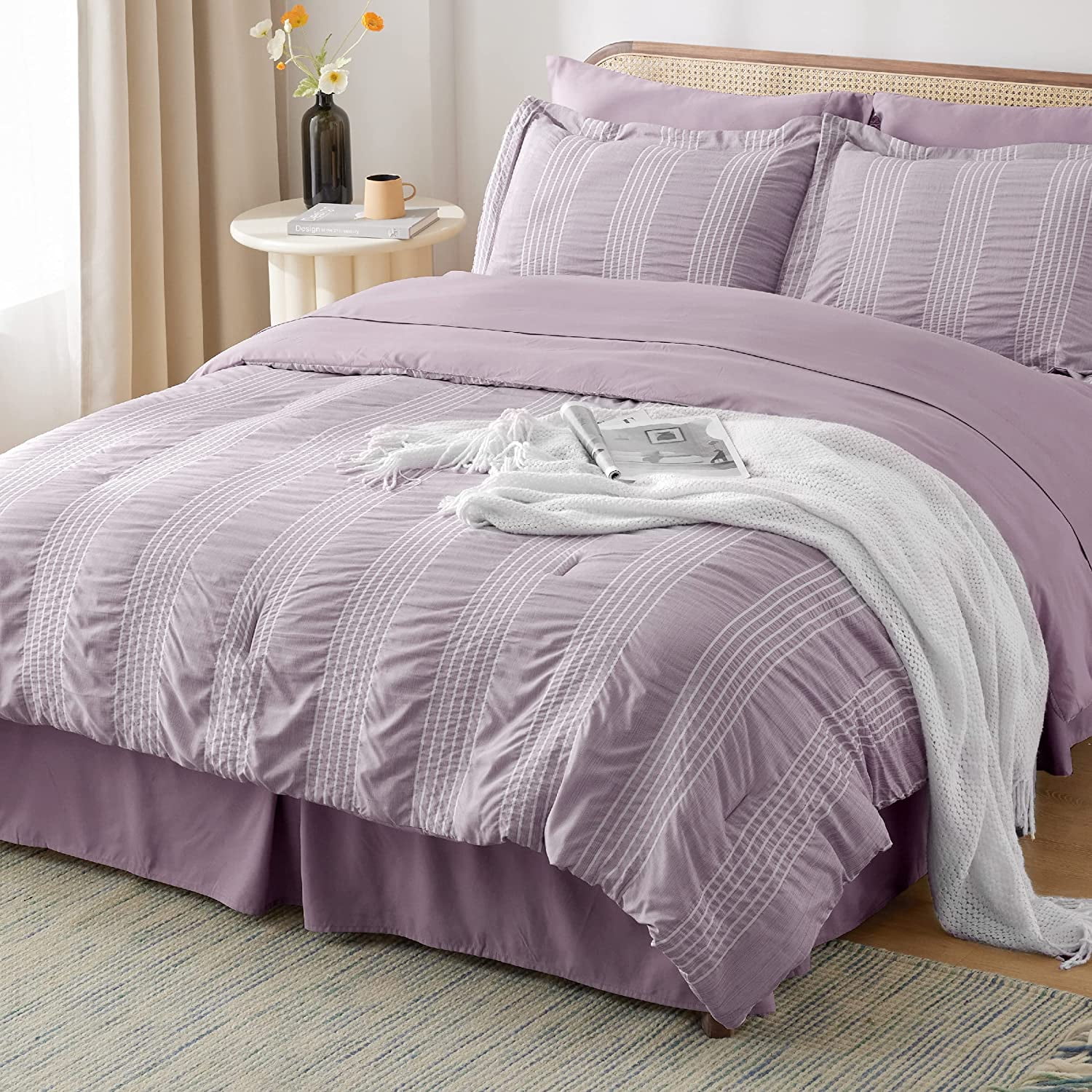 King Size Comforter Sets King Bed in a Bag 8 Piece Stripes Seersucker Bedding Set Soft