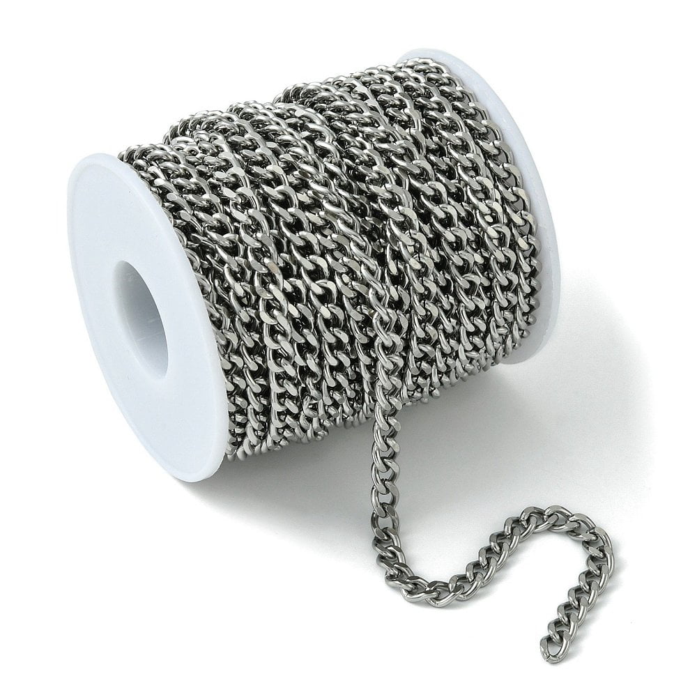 Resistant 304 Stainless Steel Cuban Link Chains Chunky Chains Curb Chains with Spool Faceted Unwelded Stainless Steel color 7x5x1.4mm about 32.8 Feet(10m)/roll