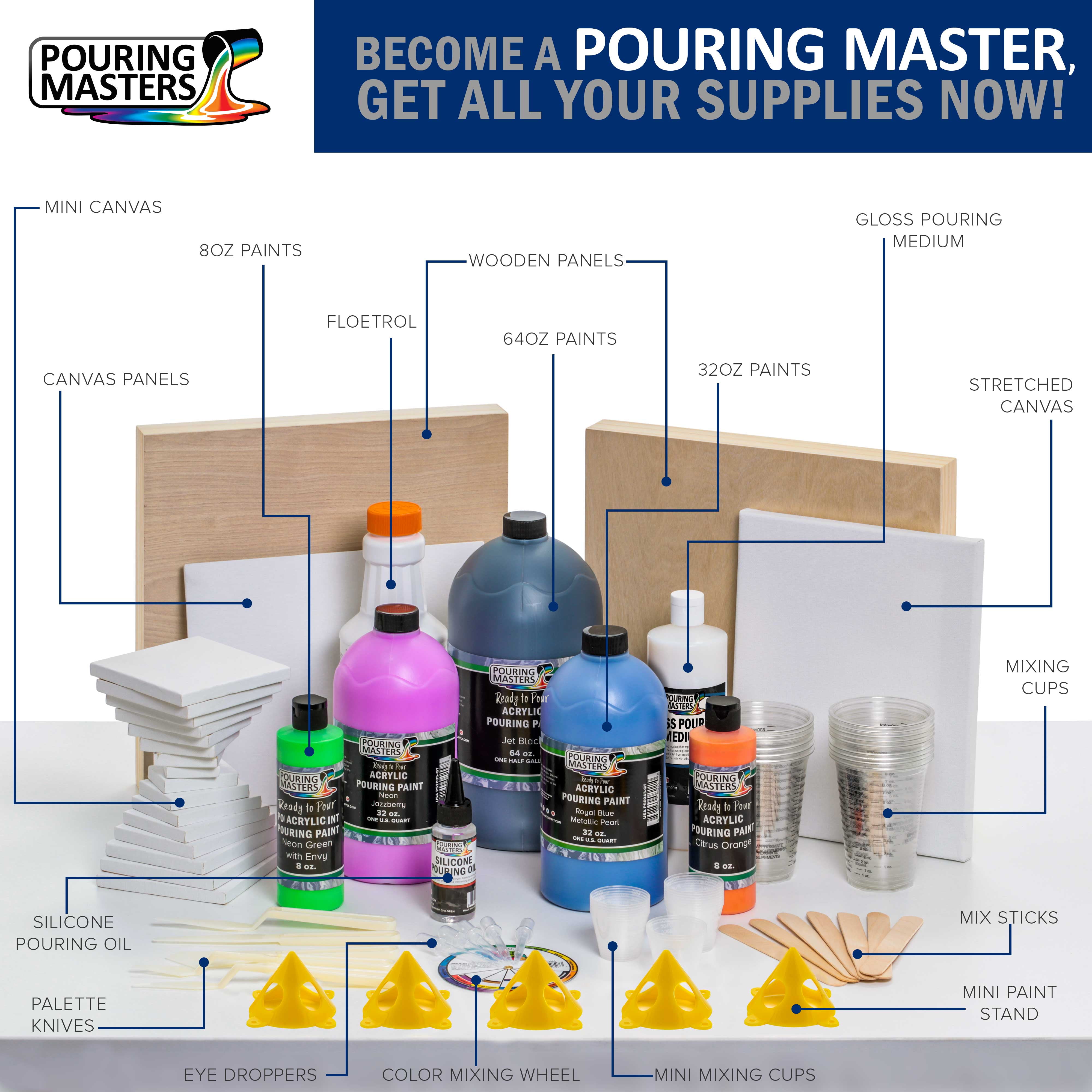 Pouring Masters 16-Color Ready-to-Pour Acrylic Pouring Paint Set, with Silicone Oil & Gloss Medium, 8oz Bottles, Pour Paint Supplies for Canvas & Crafts