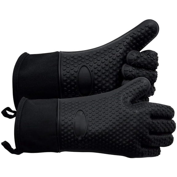 Heat Resistant BBQ Gloves – 13.7 Inch Waterproof Silicone Oven Mitts for Grilling and Smoking, Non-Slip 5 Finger Kitchen Mitts for Baking and Cooking, Black