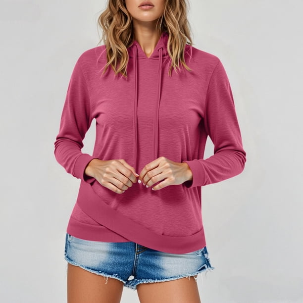 MHFRRA Sudadera Informal de Manga Larga con Capucha para Mujer, Color Liso, con Cordón, Suave y Cómoda, Estilo Urbano, Blusa Tipo Túnica a La Moda Rosa Fuerte