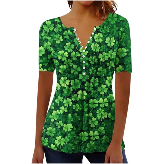 ShiShine St Patricks Day Shirt Women Short Sleeve Tops Casual Button V Neck Cute Printed Tunic Blouses Outfits