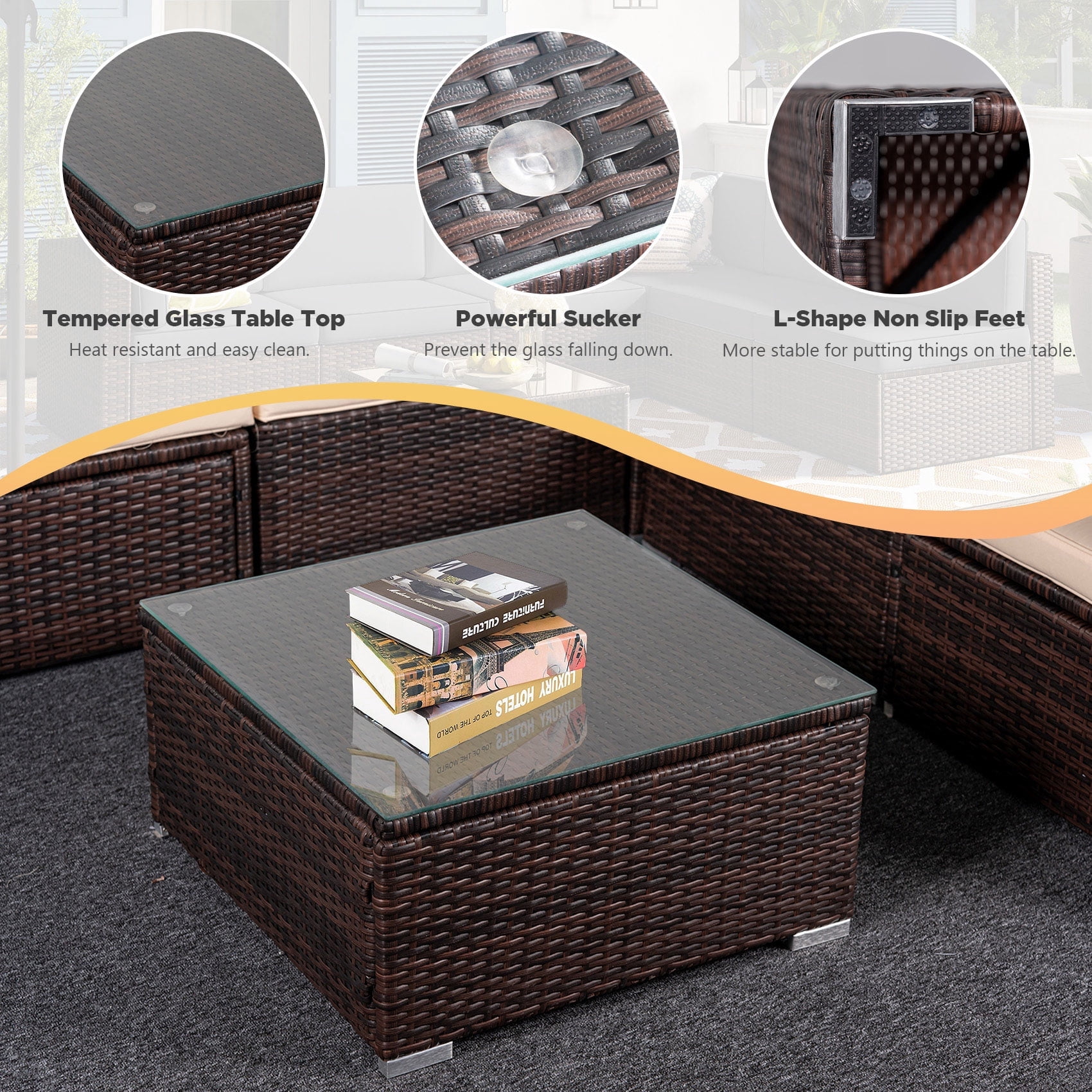 Tappio 6 Pieces Patio Furniture Set, All-Weather PE Rattan Sectional Sofa with Tempered Glass Coffee Table & Waterproof Cushions, Outdoor Modern Sectional Furniture for Garden Lawn Yard, Brown/Beige