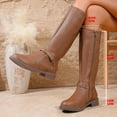 thumbnail image 2 of Women's Knee High Riding Boots Casual Leather Round Toe Low Heel Fashion Buckle Strap Mid Calf Motorcycle Booties Brown 6.5, 2 of 6
