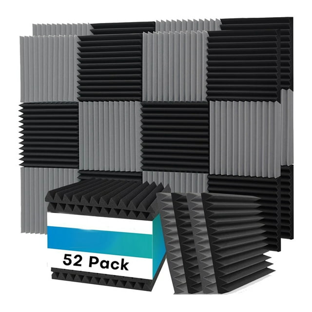 Paquete de 52 Paneles de Espuma Acústica, 1 X 12 X 12 Pulgadas, Paneles de Espuma A Prueba de Sonido para , Paneles Acústicos Que Absorben el Sonido en Negro y Gris