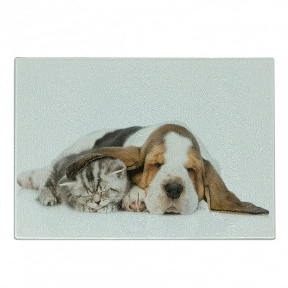 Basset Hound Cutting Board, Photo of Baby Puppy and Kitten Sleeping Together, Decorative Tempered Glass Cutting and Serving Board, in 3 Sizes, by Ambesonne