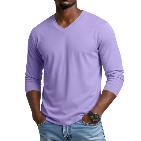 Dwelliawo Long Sleeve Shirts for Men T-Shirts V Neck Moisture Wicking Soft Casual Basic Tee Fall Spring Light Purple 3XL