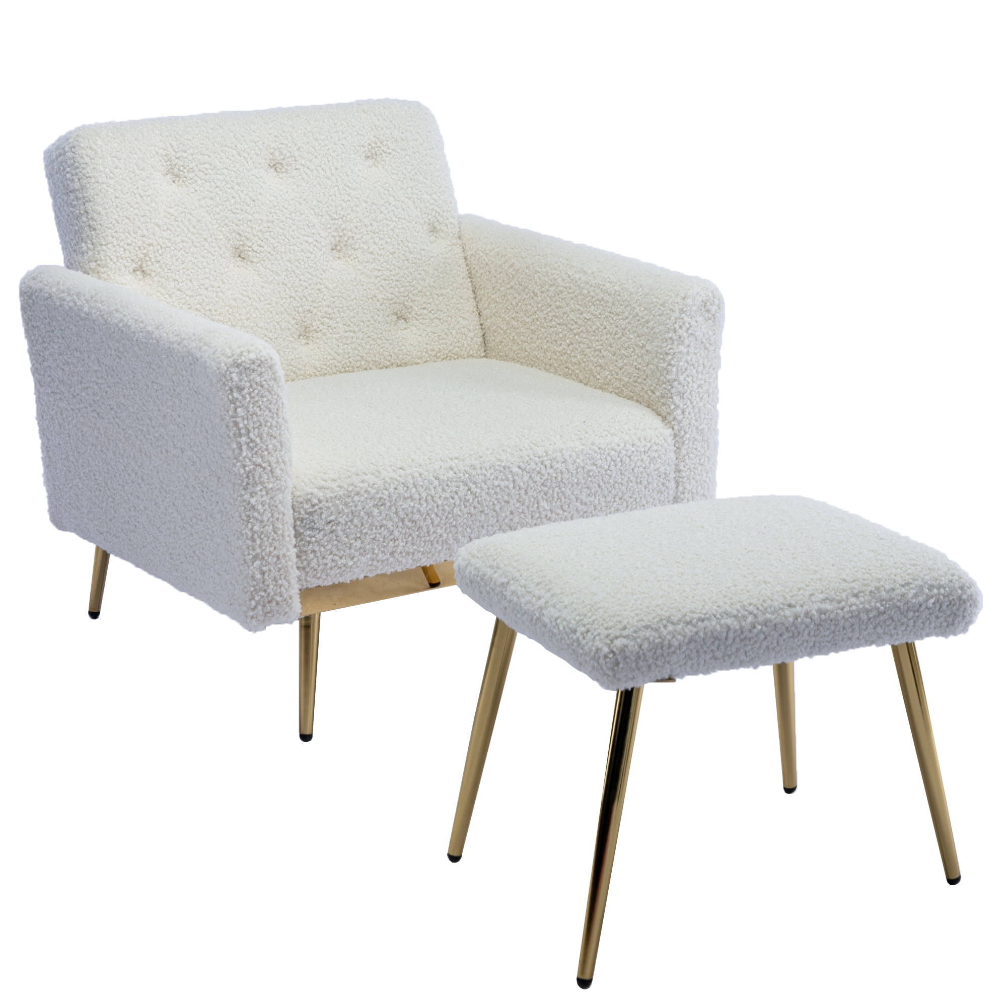 HOMEFUN White Velvet Lounge Chair with Adjustable Armrests and Backrest, Button Tufted Lounge