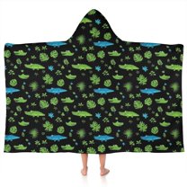 Black Cartoon Crocodiles Leaves Pattern Hooded Bath Towel，50"x30" for Ages 3 To 12 Kids, Quick Dry Lightweight Soft Microfiber Hood Beach Towel Cover Up for Kids