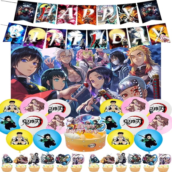 Demon Slayer Party Supplies, Birthday Party Decorations Set Include Banner, Backdrop, Balloons, Cake Cupcake Toppers, for Boys Girls Anime Theme Party
