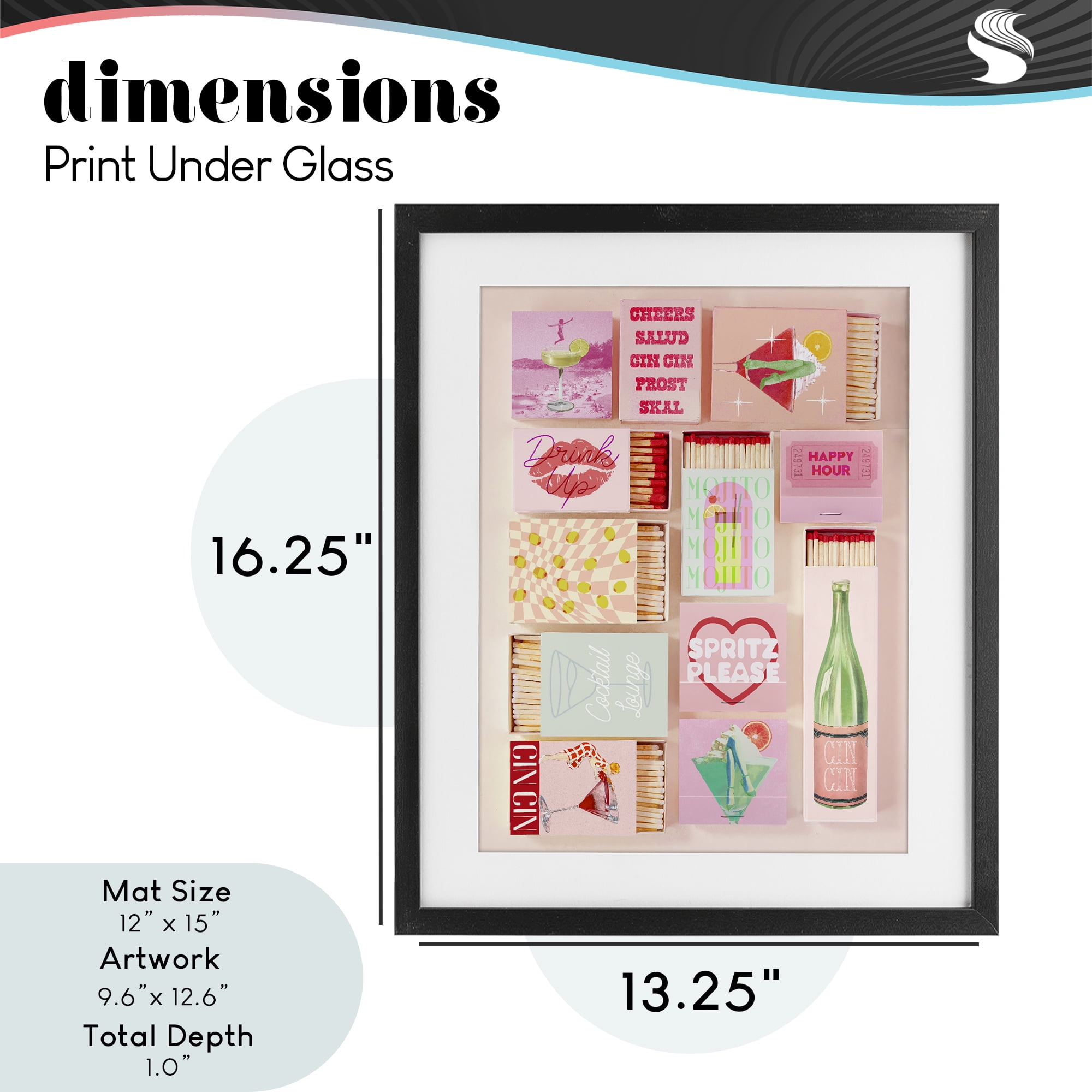 Glam Cocktails Retro Matches Black Framed Print Under Glass, design by Lil' Rue