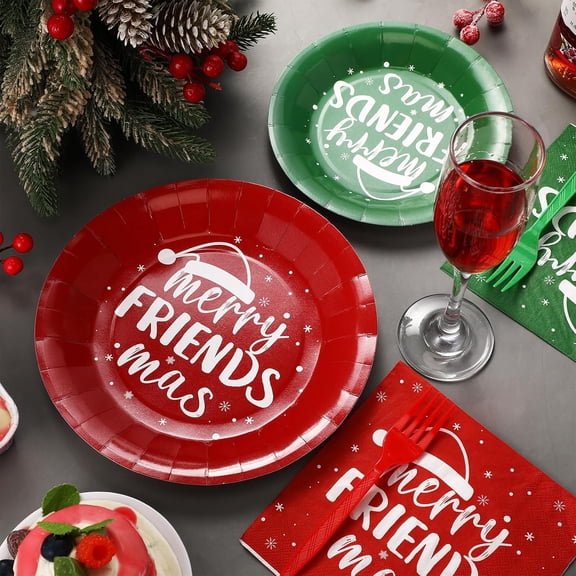 YUYAN-100 Pcs Christmas Friendsmas Dinnerware Set 25 Set Disposable Party Supplies Paper Plates & Napkins & Forks for Guests Friendsmas Party Decoration