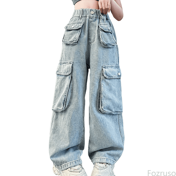 Fozruso School Uniform Pants for Girls Girls Fashion Personality Pants Elastic Waist Wide Leg Jeans Casual Demin Pants With Mul Ti Pockets Sizes 3-4 Years