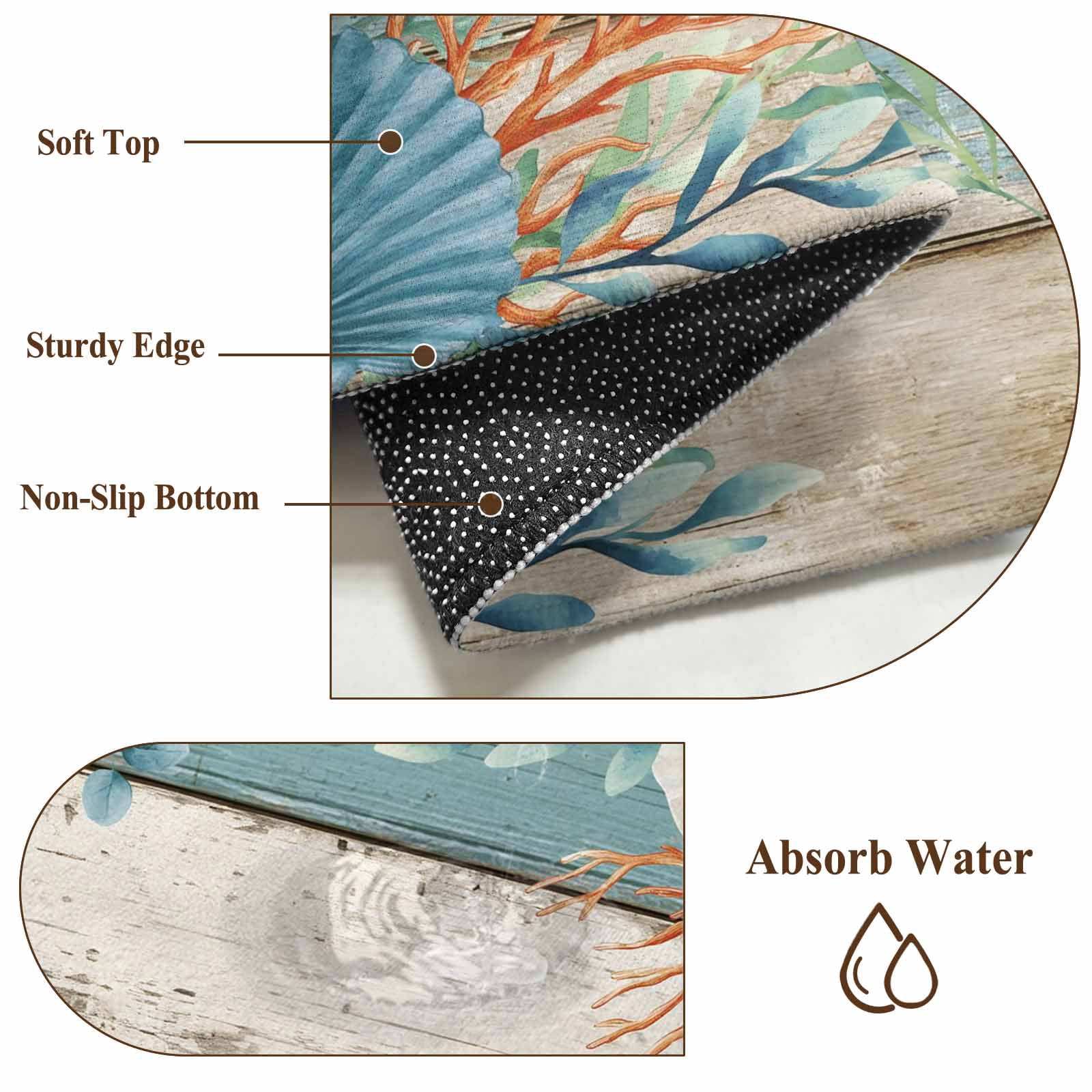 Large Area Rugs for Living Room Bedroom, Teal Brown Beach Coastal 8'x10' Rug Carpet Runner Indoor Outdoor, Summer Nautical Coral Shell Botanical Vintage Non Slip Floor Mats Rug for Kitchen, Patio