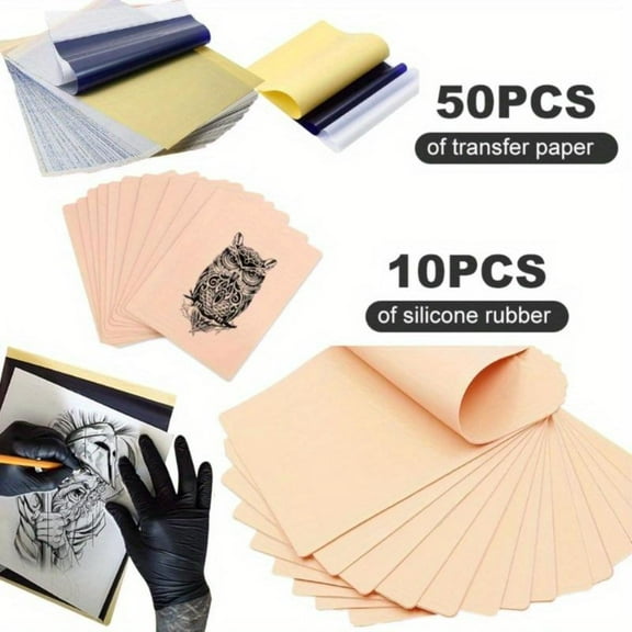 A Set of 60 Pcs Tattoo Practice Skin with Transfer Tattoo Fake Skin and Stencil Paper Kit,Including 10 Pcs Tattoo Practice Skin and 50 Pcs Tattoo Transfer Paper for Beginners Experienced Artists