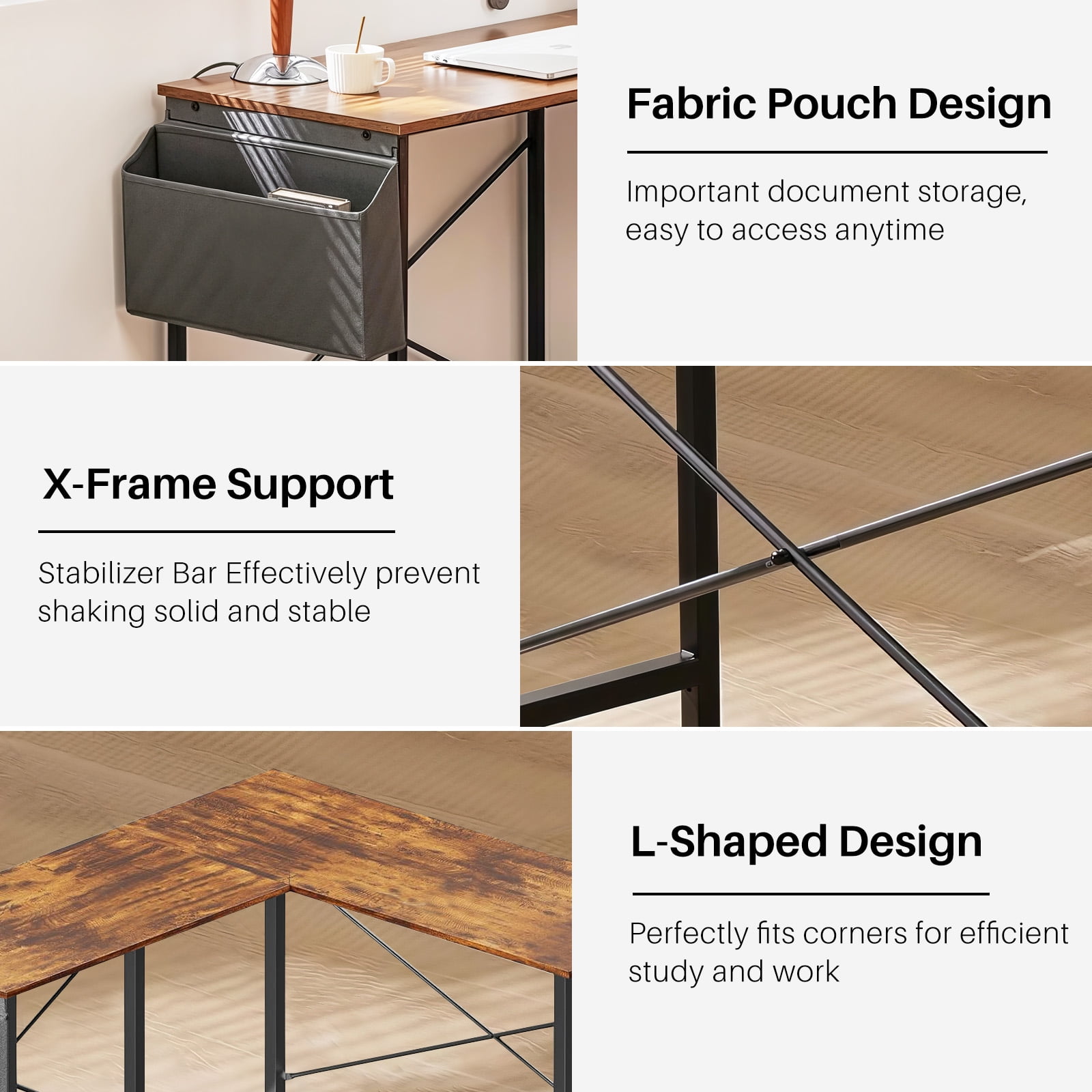 TINKLE WELL 50-inch L-Shaped Computer Desks, Corner Gaming Table with Wooden Desktop, Reversible Design, CPU Stand and Side Bag for Home Office, Study, Vintage Brown
