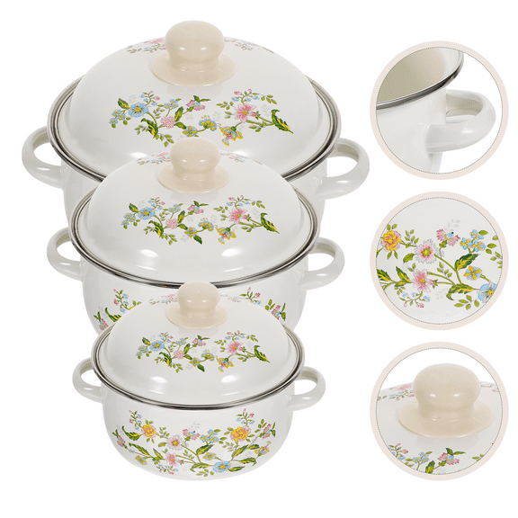 OUNONA 3pcs Enamel Stock Pot Set Flat Bottom Cooking Pots Soup Pots