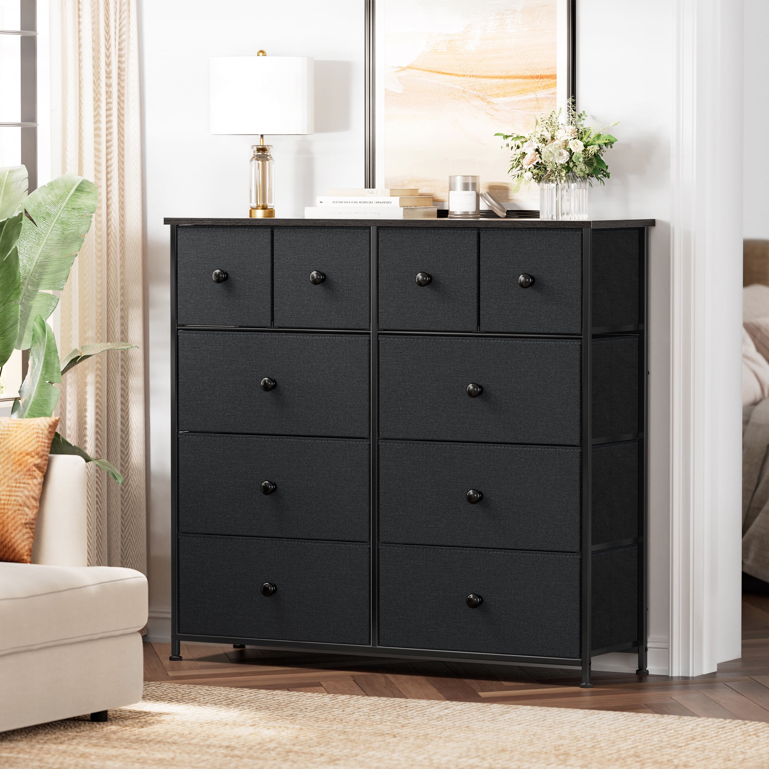 Nyima Dresser for Bedroom with 10 Drawers, Tall White Dresser Organizer with Wood Top & Leather Front Mercer41