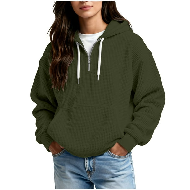 Ounisa Womens Hoodies Casual Long Sleeve Drawstring Waffle Pullover Tops Loose Hooded Sweatshirt with Pocket