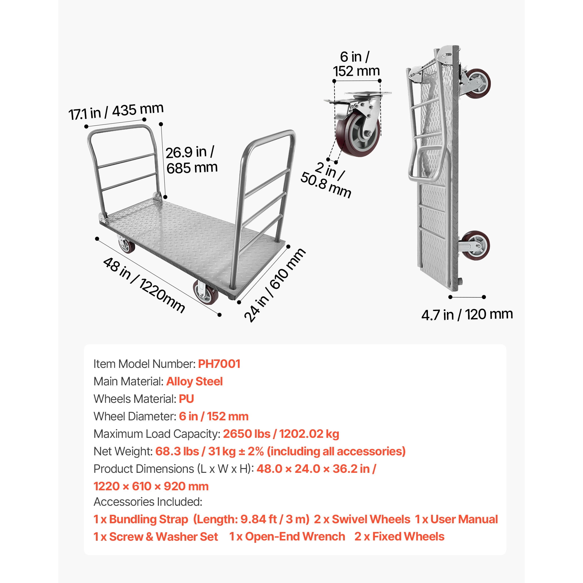 KFFKFF Heavy Duty Platform Truck, 2650 lbs Load Capacity, Flatbed Cart with Removable Guardrail and Swivel Wheels, Foldable Hand Push Cart for Groceries, Garage, Warehouse, 48 x 24 x 36.2 in