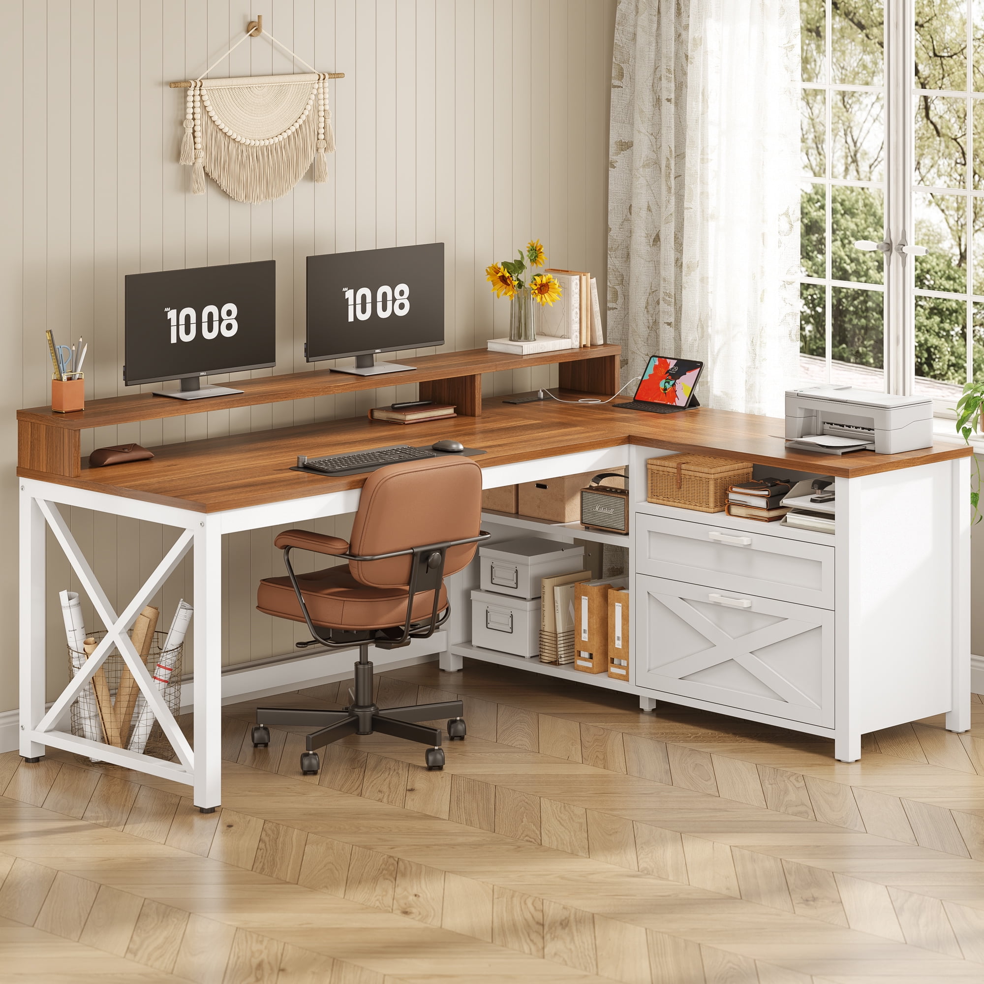 SEDETA L-Shaped Desk with Power Outlets & LED Lights for Home Office, Large Computer Desk with Monitor Stand & Storage Drawer & File Drawer, Farmhouse Corner Computer Desk with 5 Open Shelves, White