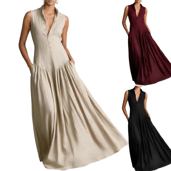 Laqbezok Women's Sleeveless V-Neck Maxi Dress, Button Down Collared Casual Long Gown, Pleated Flared Hem Summer Dress with Pockets