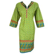 Mogul Women's Yellow Tunic Cotton Printed 3/4 sleeves Ethnic Kurta Cover Up Caftan Dress 4XL