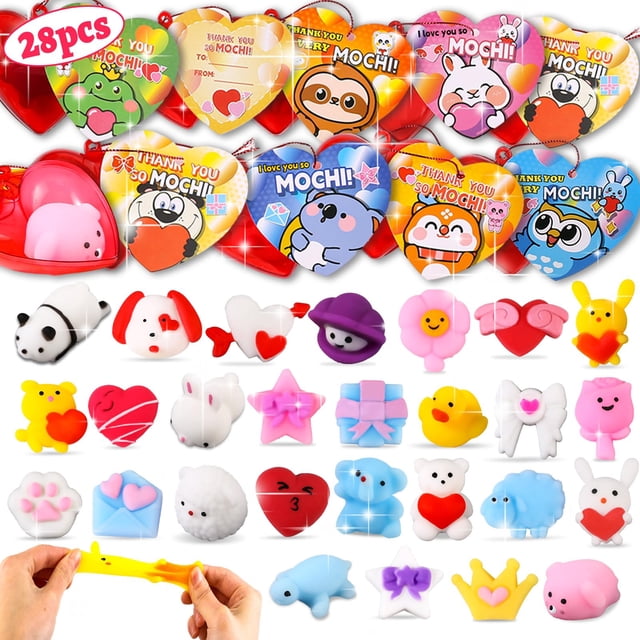 Valentine Mochi Squishy Toys, paquete de 28 tarjetas de San Valentín para niños