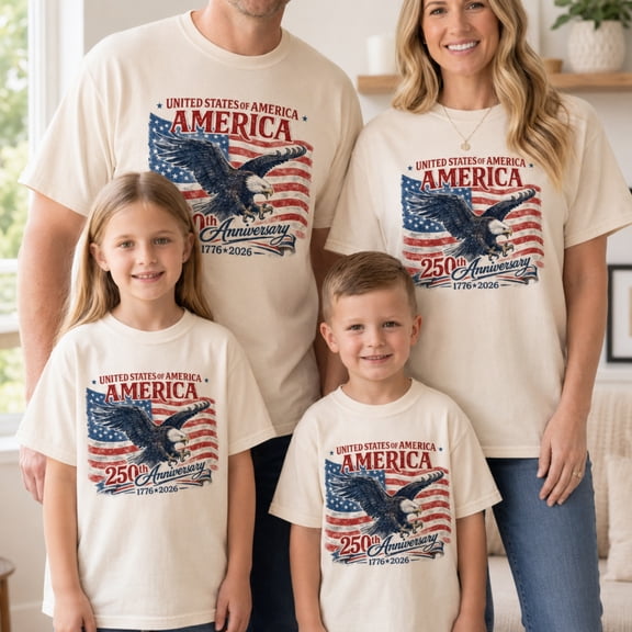 Patriotic Eagle 250th Anniversary Family Matching T-Shirt, USA America 1776-2026 4th of July Group Tee, Unisex Cotton